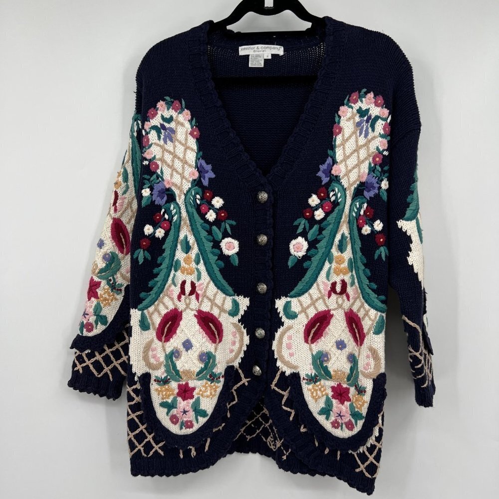 Jennifer & Company Knit Blue Floral Embroidered Sweater Jacket woman's size smal